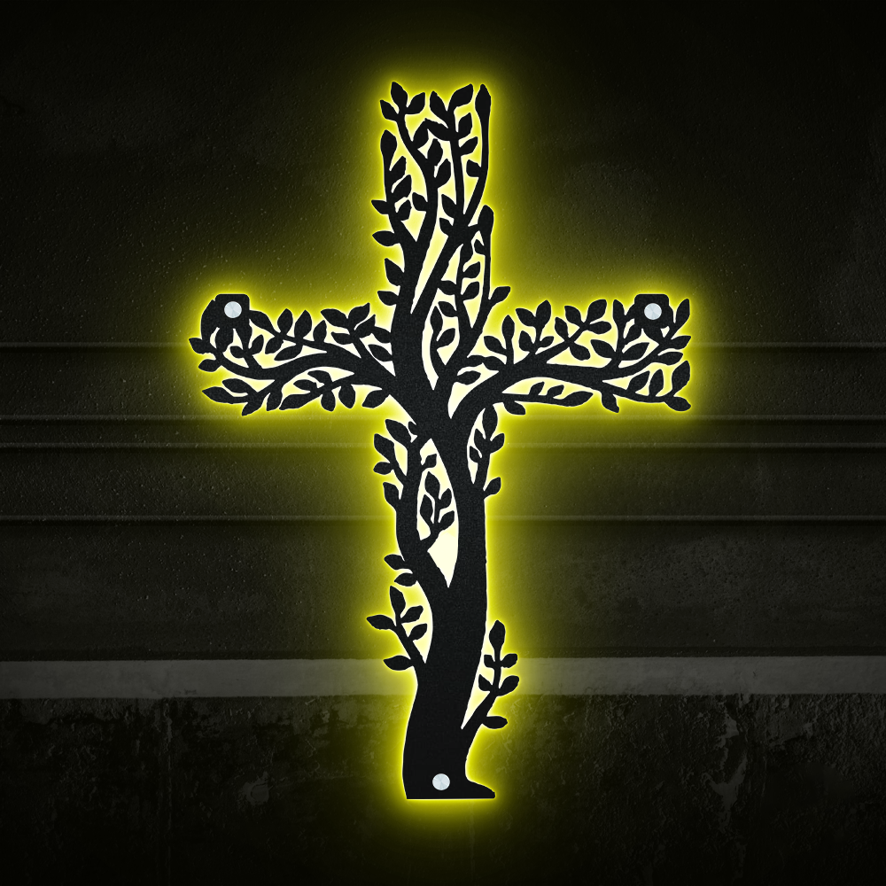God Olive Tree Cross Christmas Tree Catholic - Led Light Metal - Owls Matrix LTD