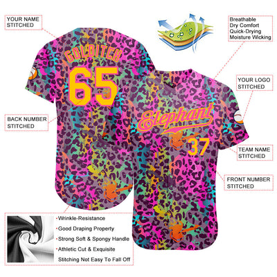 Custom Graffiti Pattern Gold-Pink 3D Colorful Leopard Authentic Baseball Jersey - Owls Matrix LTD