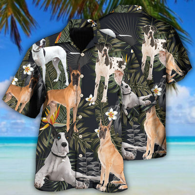 Great Dane Dog Tropical Leaf Black Style - Hawaiian Shirt - Owls Matrix LTD