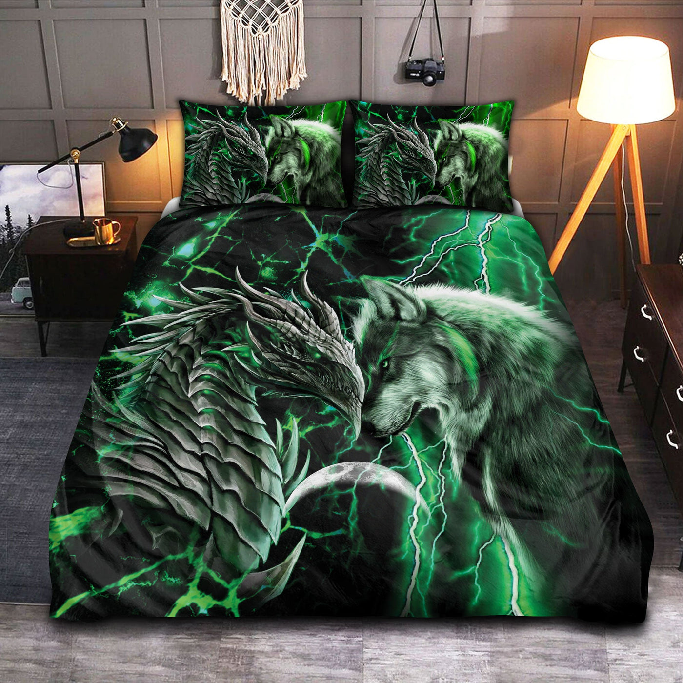Dragon And Wolf Green - Bedding Cover - Owls Matrix LTD