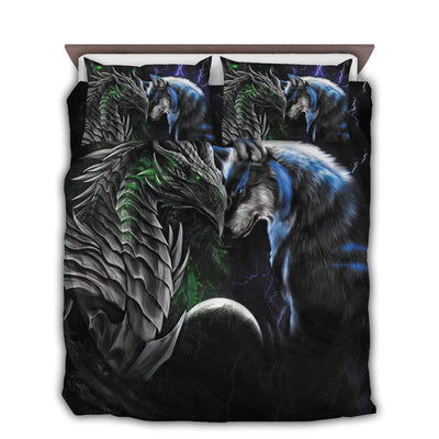 US / Twin (68" x 86") Dragon And Wolf Green And Blue Fighting - Bedding Cover - Owls Matrix LTD