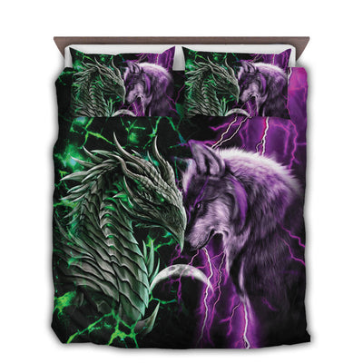 US / Twin (68" x 86") Dragon And Wolf Green Mix Purple - Bedding Cover - Owls Matrix LTD