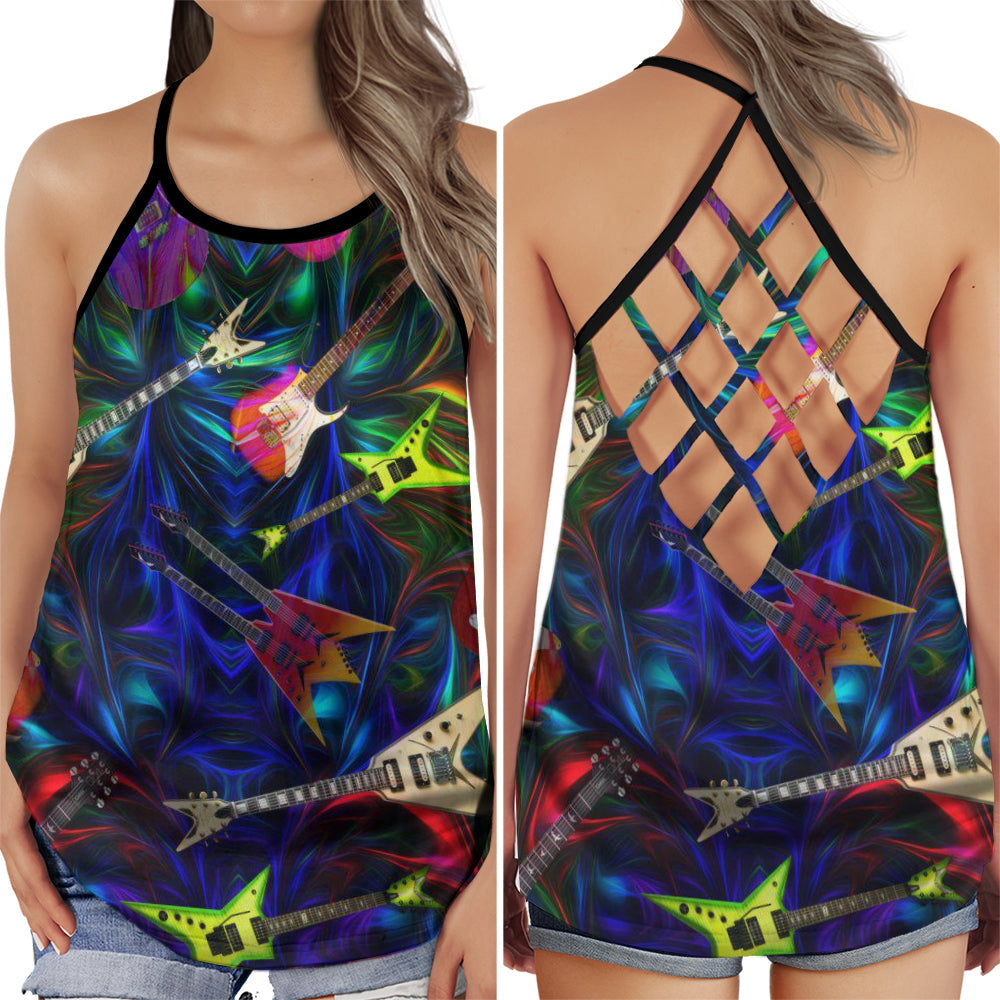 S Guitar Is My Soul With So Much Color - Cross Open Back Tank Top - Owls Matrix LTD