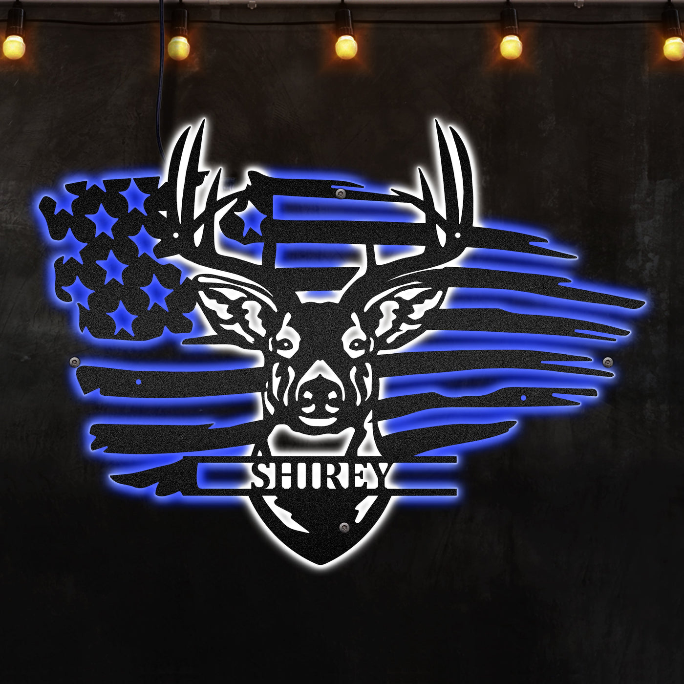 12*12 Inch (30*30cm) Deer Head American Flag Personalized - Led Light Metal - Owls Matrix LTD