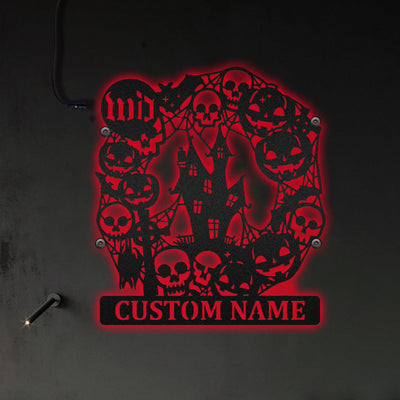 Halloween Haunted House Halloween Wreath Personalized - Led Light Metal - Owls Matrix LTD