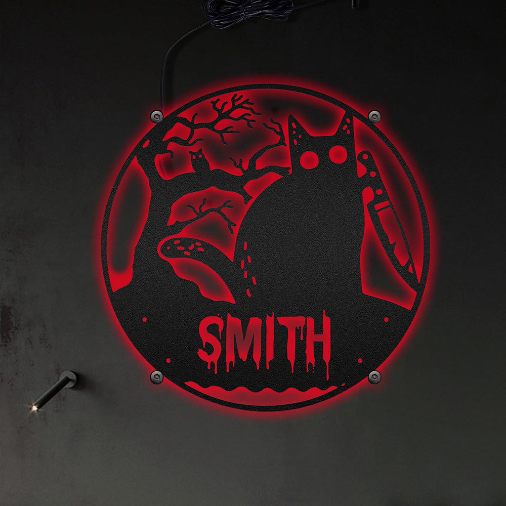 Halloween Spooky Black Cat Round Personalized - Led Light Metal - Owls Matrix LTD