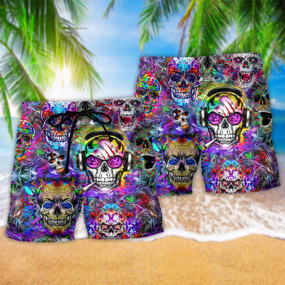 Hippie Skull Color Flowers - Beach Short - Owls Matrix LTD