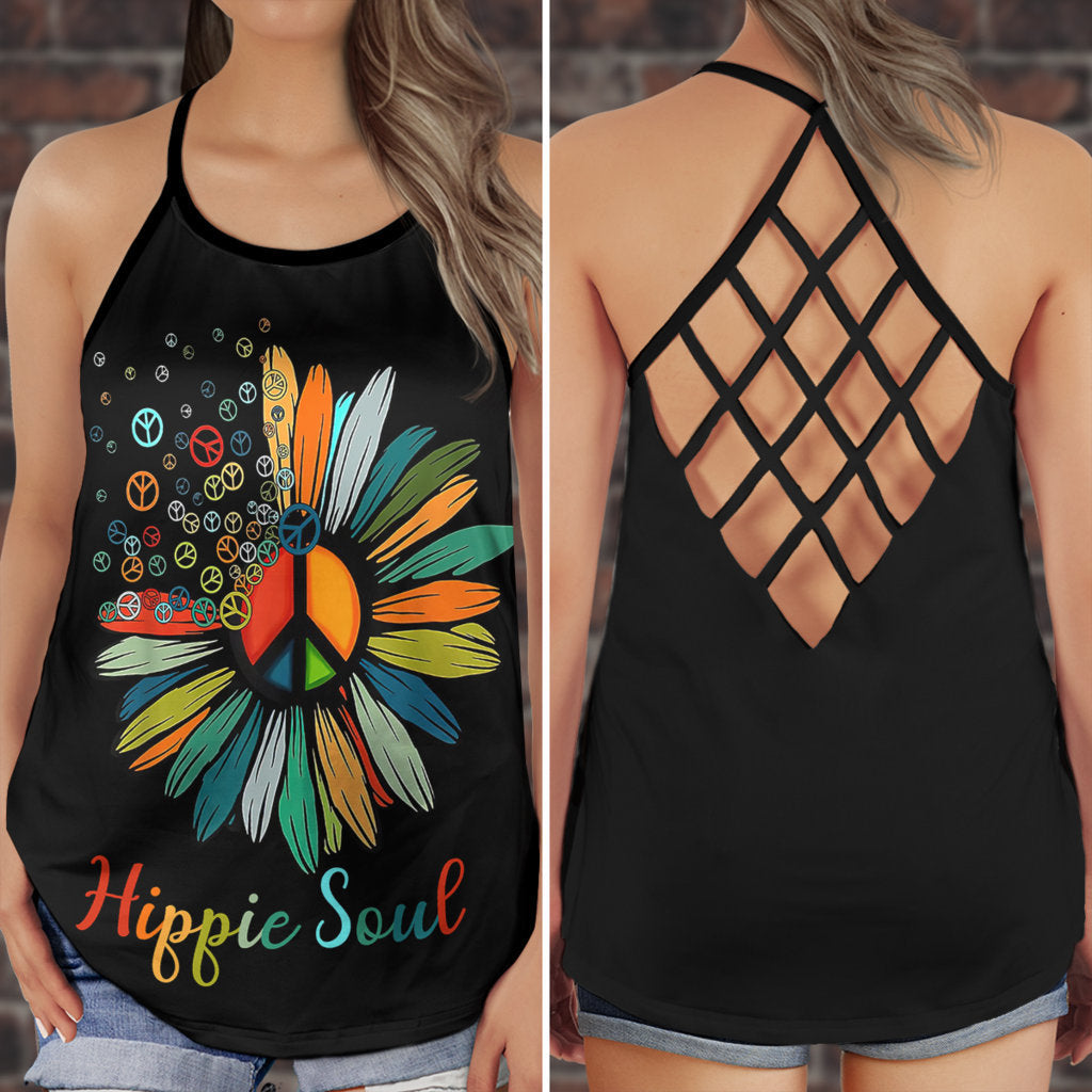Hippie Soul Color Peaceful Sunflower With Black - Cross Open Back Tank Top - Owls Matrix LTD