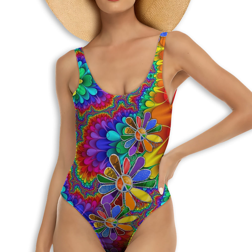 S Hippie Soul Color Peaceful Flower Bling - One-piece Swimsuit - Owls Matrix LTD