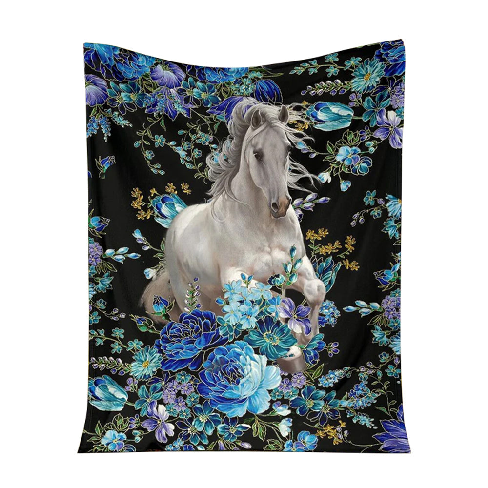 50" x 60" Horse Blue Floral So Cool So Lovely - Flannel Blanket - Owls Matrix LTD