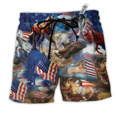 Beach Short / Adults / S Horse Patriotic America Flag - Beach Short - Owls Matrix LTD