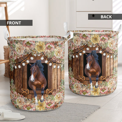 Horse Flower Wood Type - Laundry Basket - Owls Matrix LTD