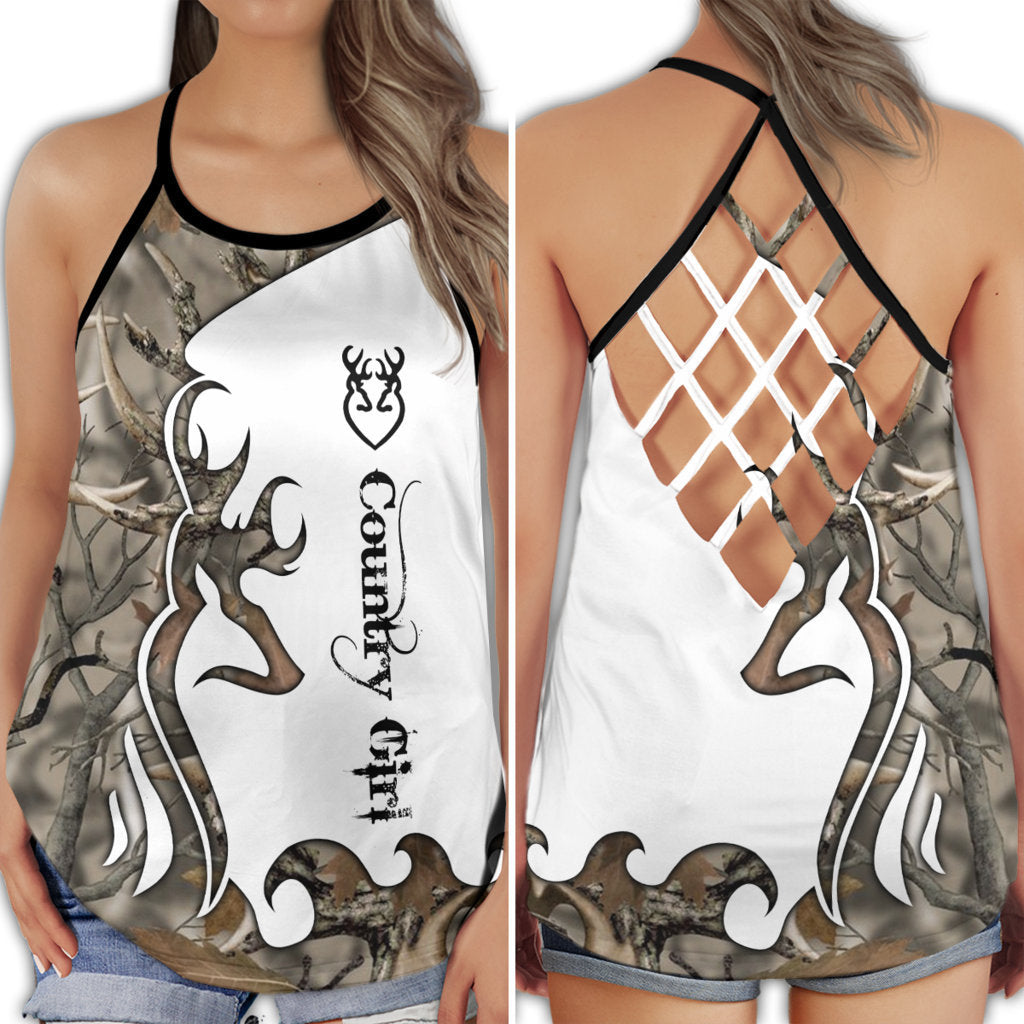 S Hunting Lover With Grey Country Girl - Cross Open Back Tank Top - Owls Matrix LTD
