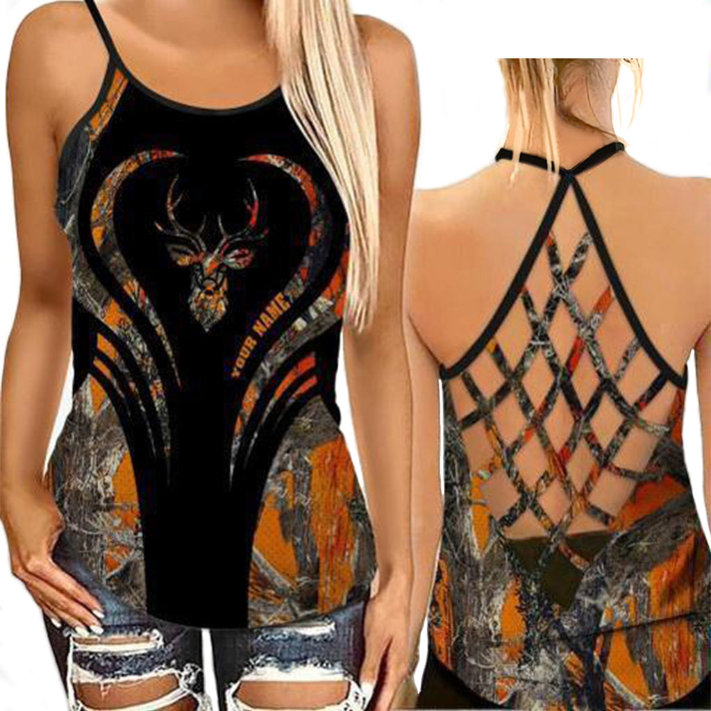 S Hunting Lover With Orange And Black Personalized - Cross Open Back Tank Top - Owls Matrix LTD