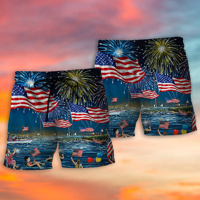 America Independence Day Fun Day Firework - Beach Short - Owls Matrix LTD
