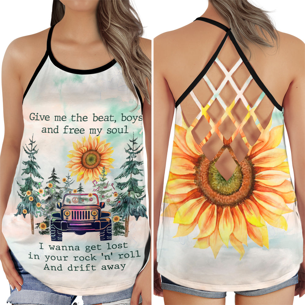 S Jeep And Sunflowers Give Me The Bear - Cross Open Back Tank Top - Owls Matrix LTD