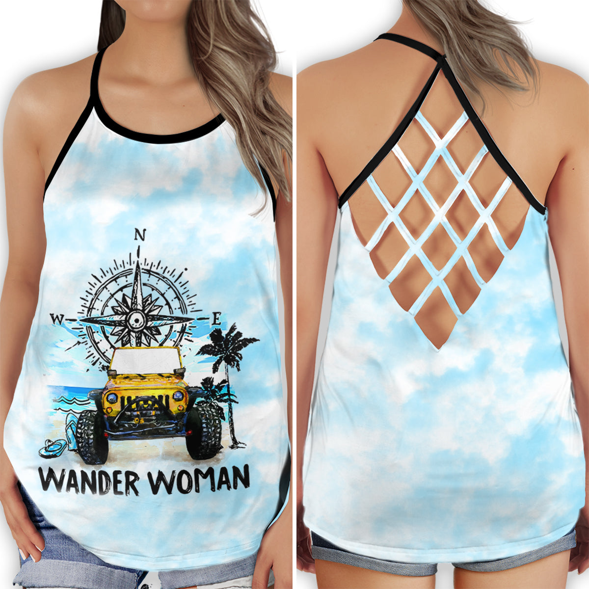 S Jeep Wander Woman - Cross Open Back Tank Top - Owls Matrix LTD