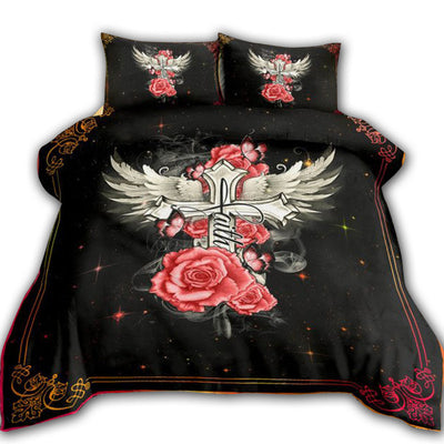 US / Twin (68" x 86") Jesus Faith Rose Butterfly - Bedding Cover - Owls Matrix LTD