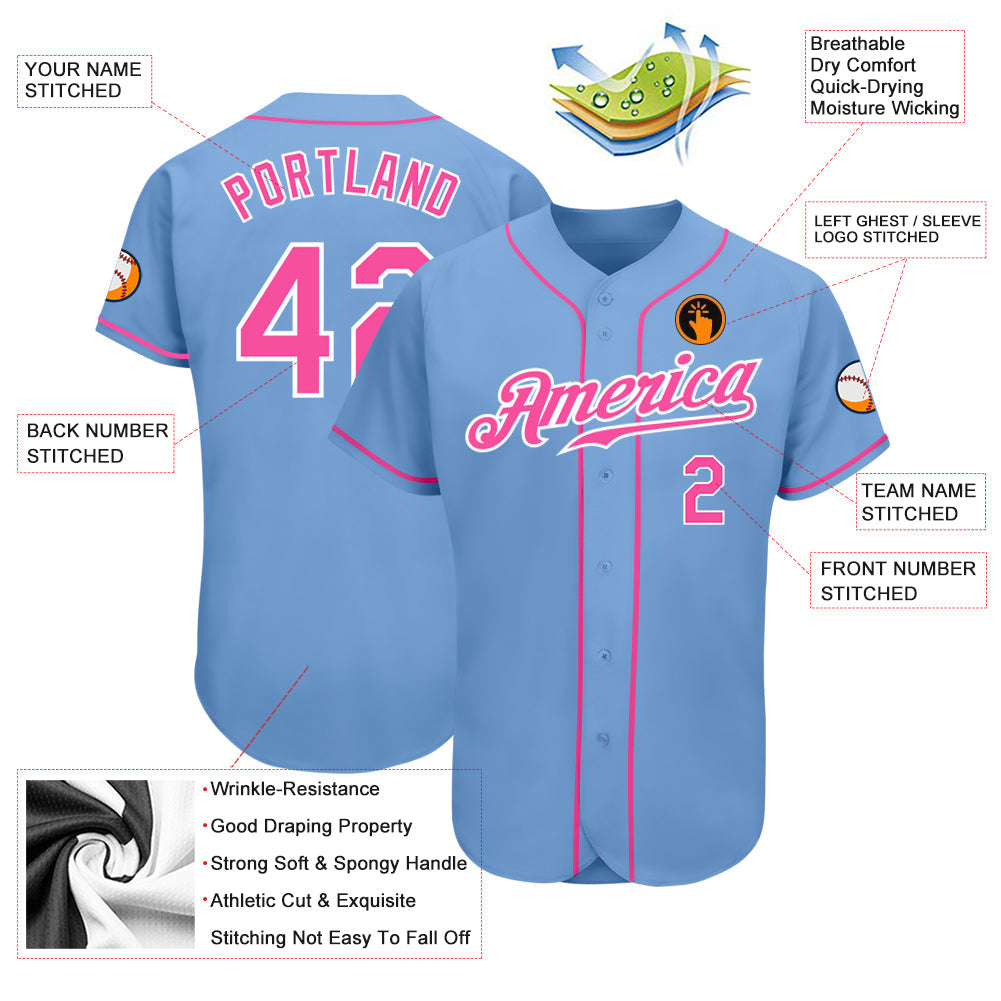 Custom Light Blue Pink-White Authentic Baseball Jersey - Owls Matrix LTD