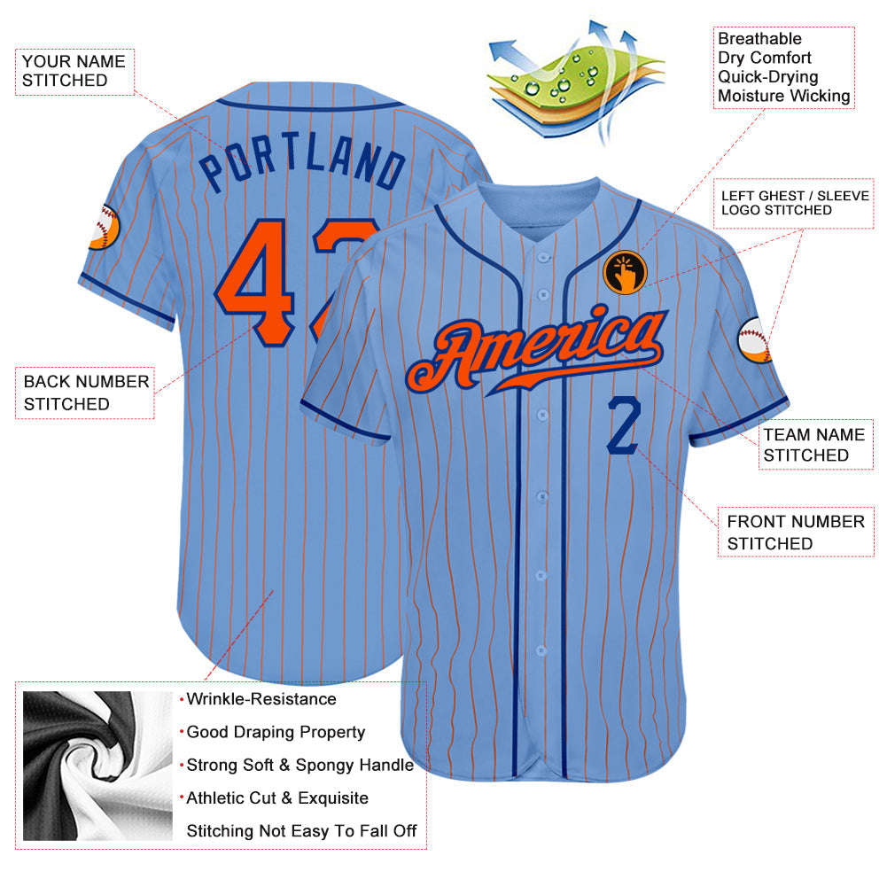 Custom Light Blue Orange Pinstripe Orange-Royal Authentic Baseball Jersey - Owls Matrix LTD