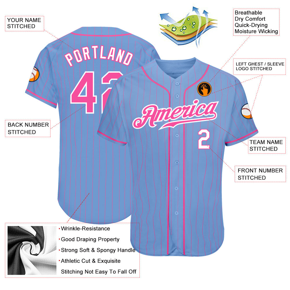 Custom Light Blue Pink Pinstripe Pink-White Authentic Baseball Jersey - Owls Matrix LTD