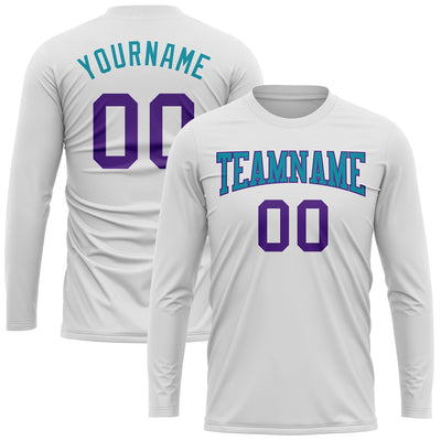 Custom White Purple-Teal Long Sleeve Performance T-Shirt