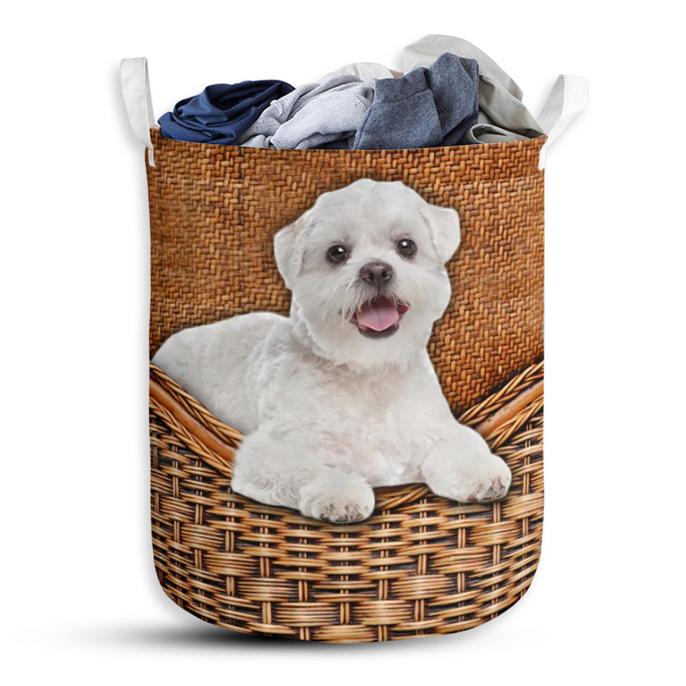 Maltese Shitzu Dog Rattan Teaxture - Laundry Basket - Owls Matrix LTD