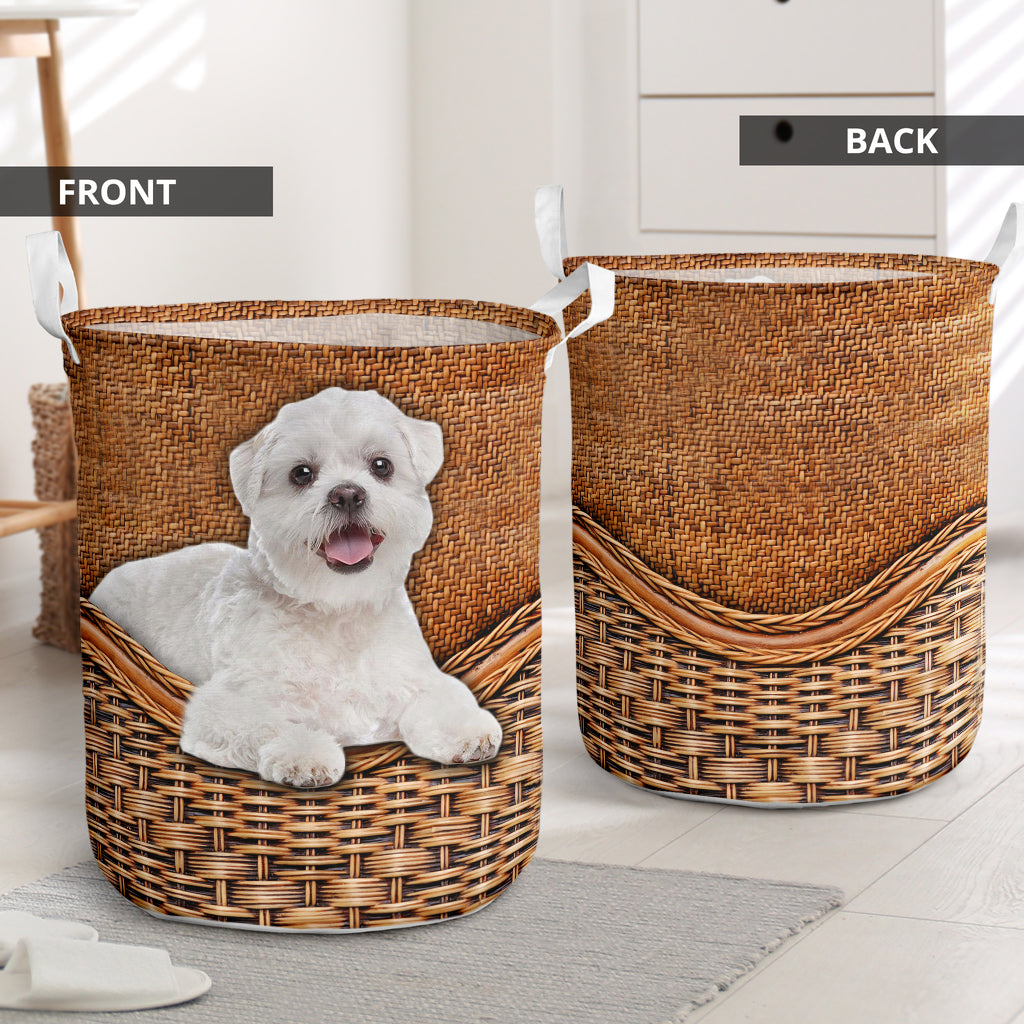 Maltese Shitzu Dog Rattan Teaxture - Laundry Basket - Owls Matrix LTD
