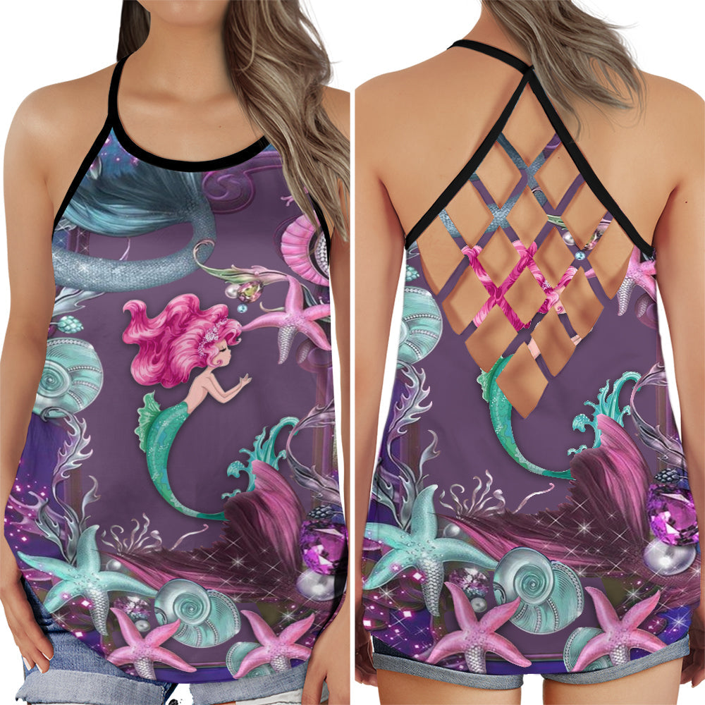S Mermaid Queen Loves Ocean So Much - Cross Open Back Tank Top - Owls Matrix LTD