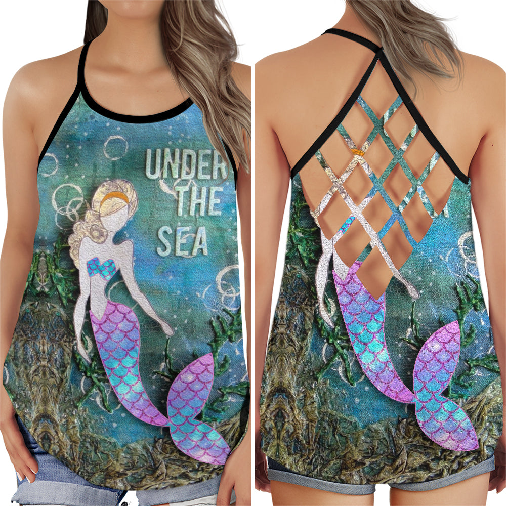 S Mermaid Queen Loves Under The Sea - Cross Open Back Tank Top - Owls Matrix LTD