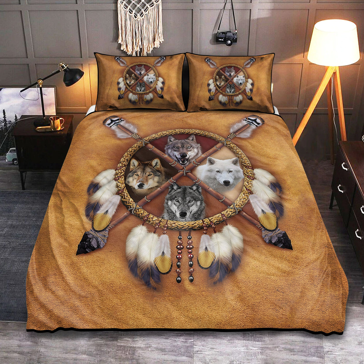 Native American Peace Love Wolf Amazing Style - Bedding Cover - Owls Matrix LTD
