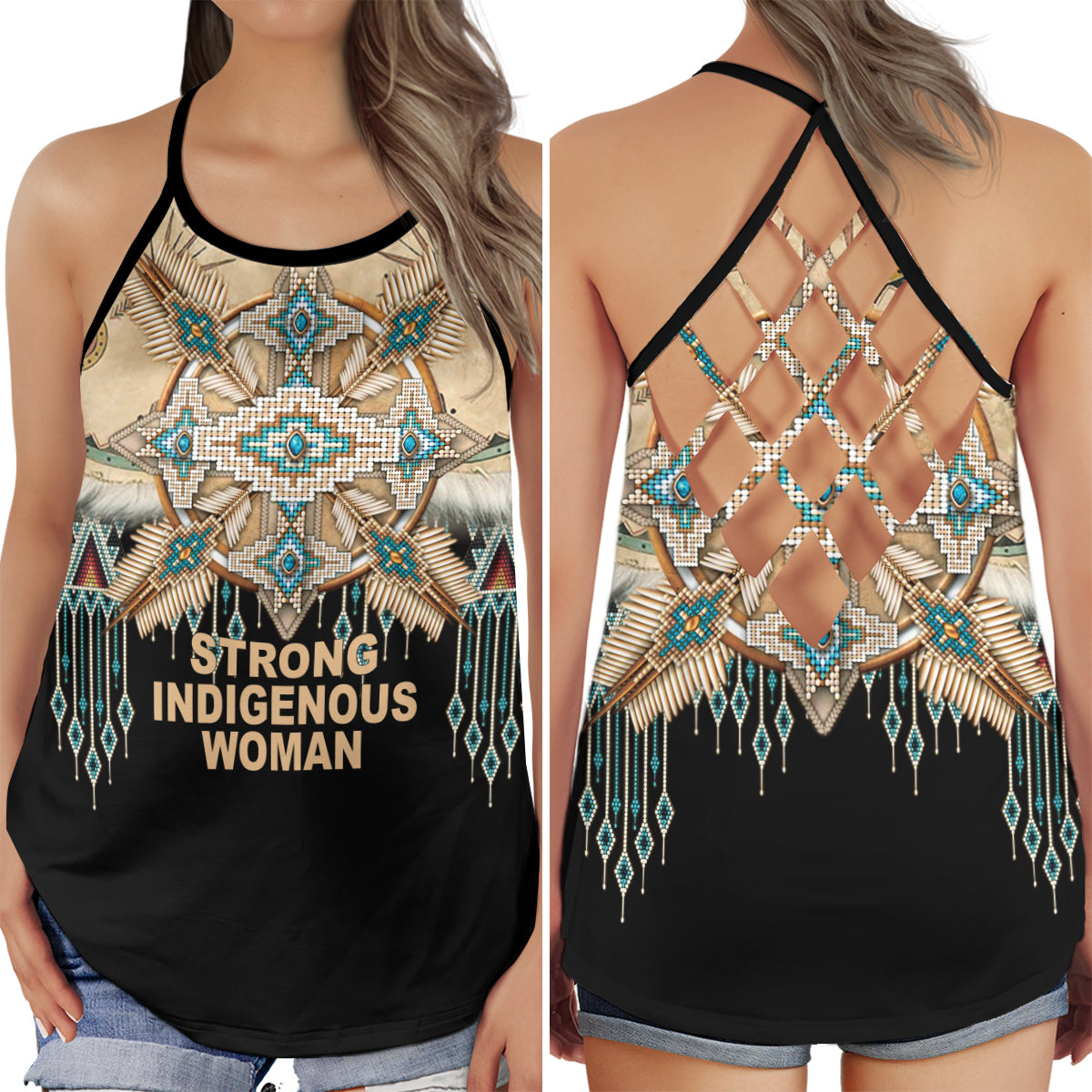 S Native Americans Strong Indigenous Woman - Cross Open Back Tank Top - Owls Matrix LTD