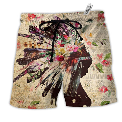 Beach Short / Adults / S Native Girl Flowers Color - Beach Short - Owls Matrix LTD