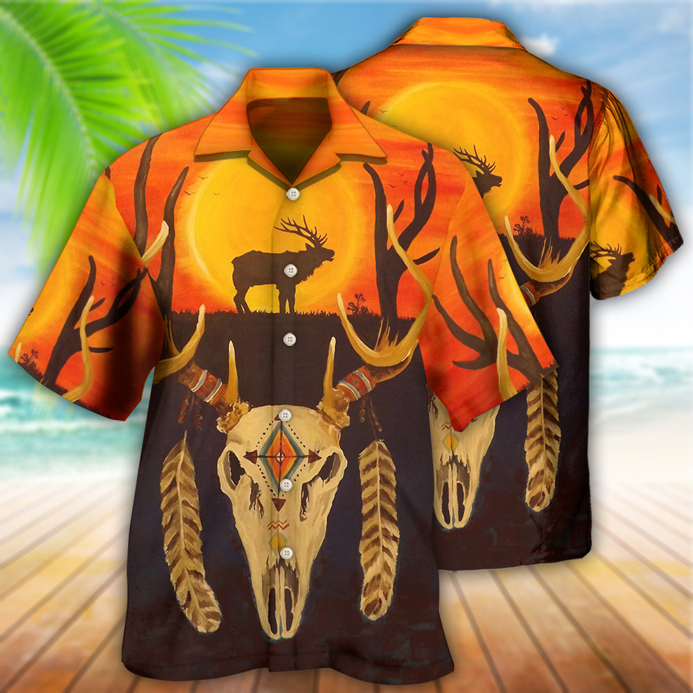 Native Skull Style Love Peace Orange - Hawaiian Shirt - Owls Matrix LTD