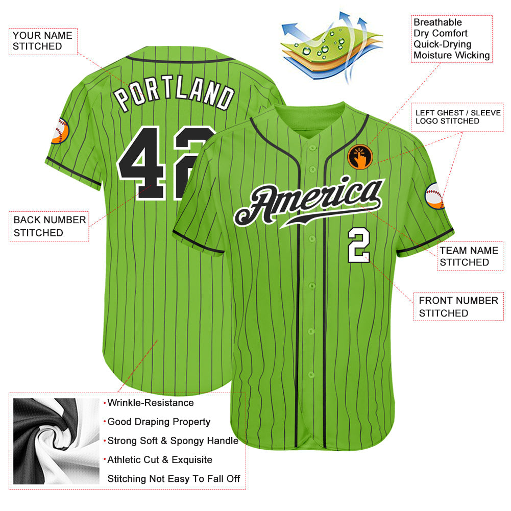 Custom Neon Green Black Pinstripe Black-White Authentic Baseball Jersey - Owls Matrix LTD