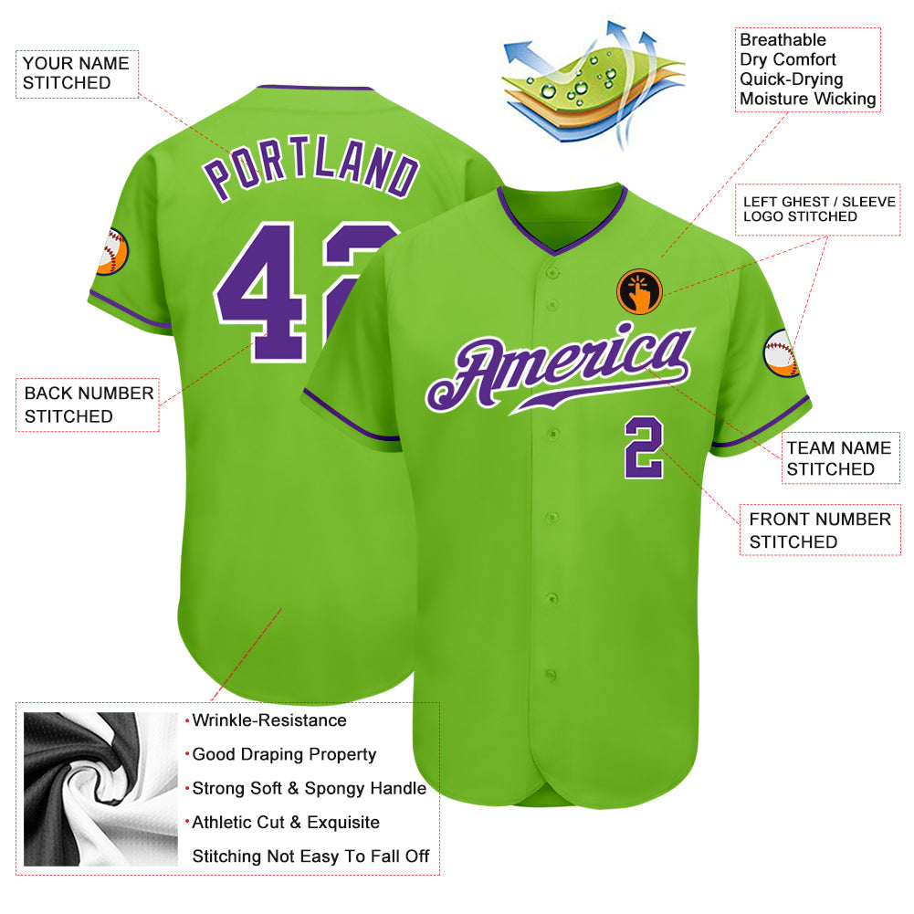 Custom Neon Green Purple-White Authentic Baseball Jersey - Owls Matrix LTD