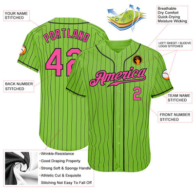 Custom Neon Green Black Pinstripe Pink-Black Authentic Baseball Jersey - Owls Matrix LTD