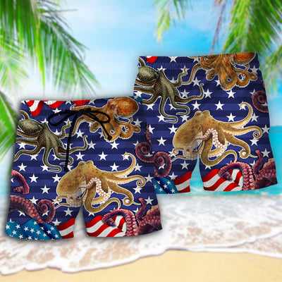 Octopus Independence Day USA Flag - Beach Short - Owls Matrix LTD