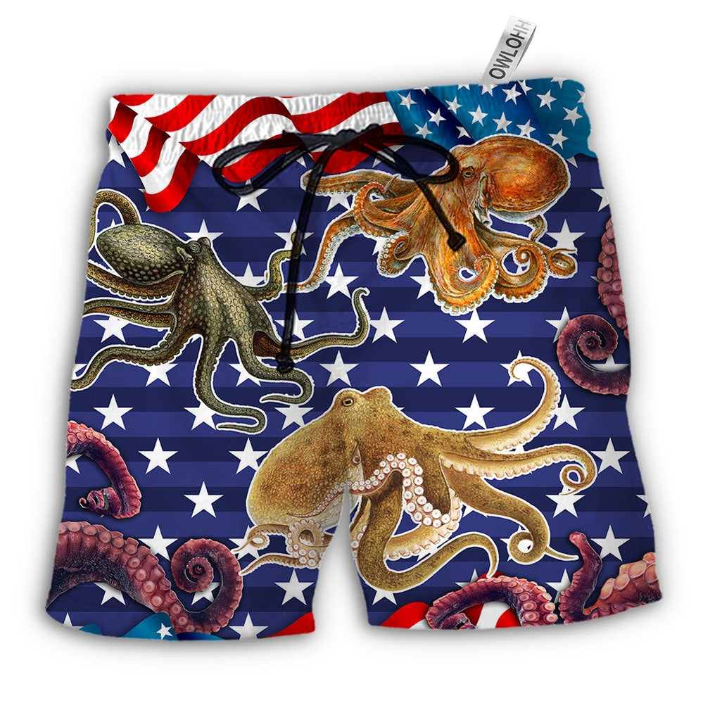 Beach Short / Adults / S Octopus Independence Day USA Flag - Beach Short - Owls Matrix LTD