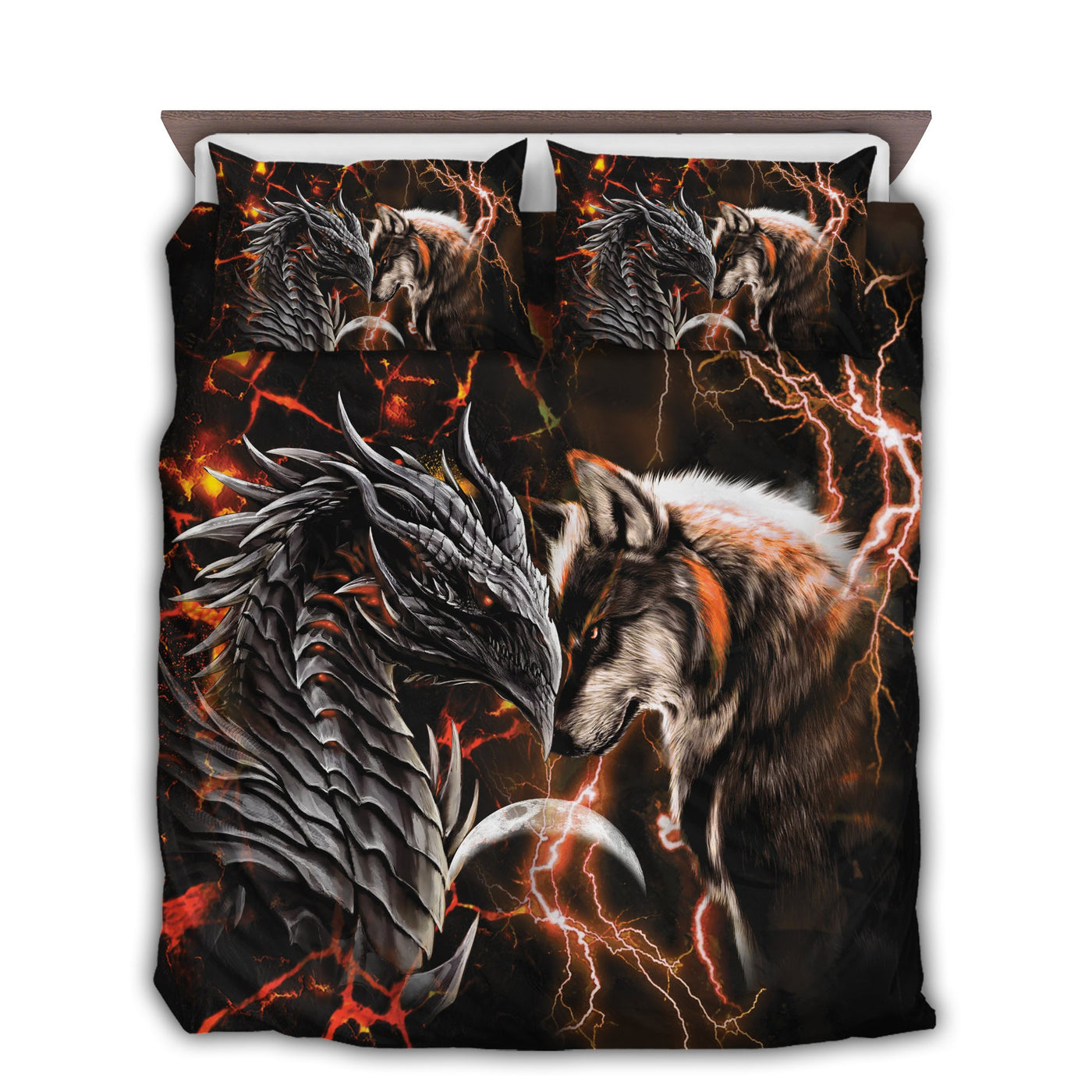 US / Twin (68" x 86") Dragon Orange Dragon And Wolf - Bedding Cover - Owls Matrix LTD