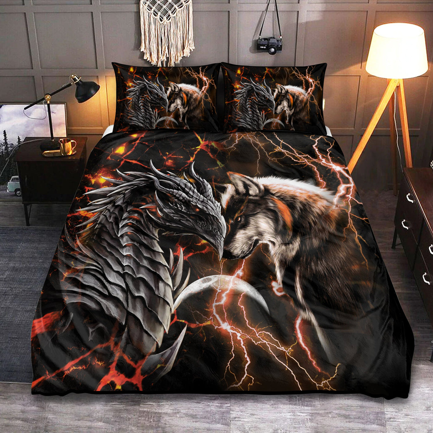Dragon Orange Dragon And Wolf - Bedding Cover - Owls Matrix LTD