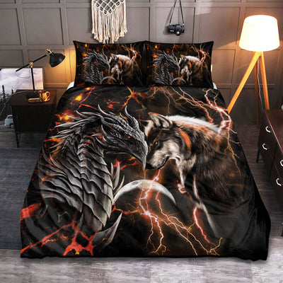Dragon Orange Dragon And Wolf - Bedding Cover - Owls Matrix LTD