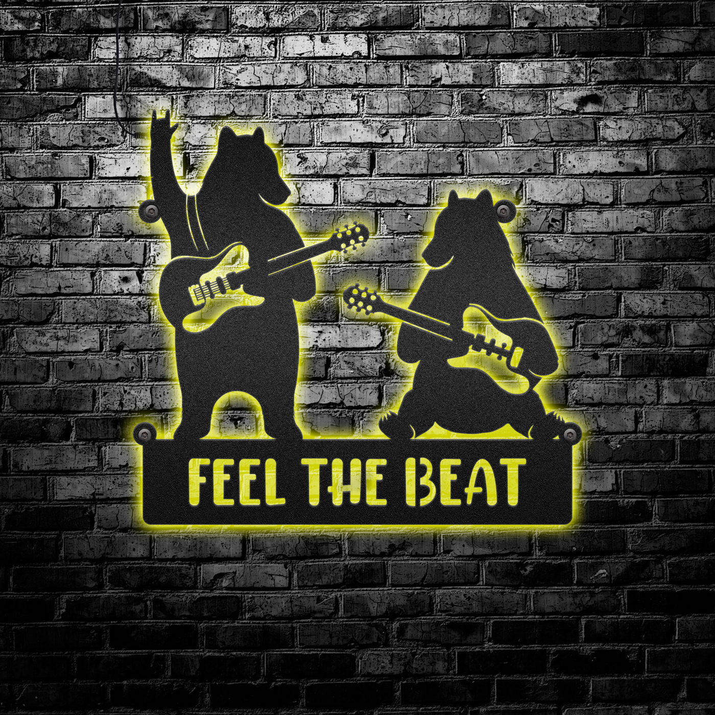 12"x12" Bear Two Black Bear Feel The Beat - Led Light Metal - Owls Matrix LTD