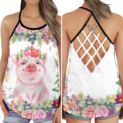 S Pig Lovely Pig Loves Floral Style - Cross Open Back Tank Top - Owls Matrix LTD