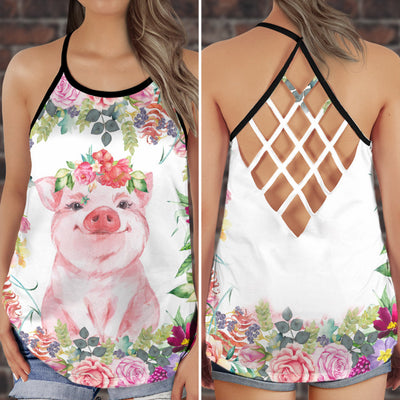 Pig Lovely Pig Loves Floral Style - Cross Open Back Tank Top - Owls Matrix LTD