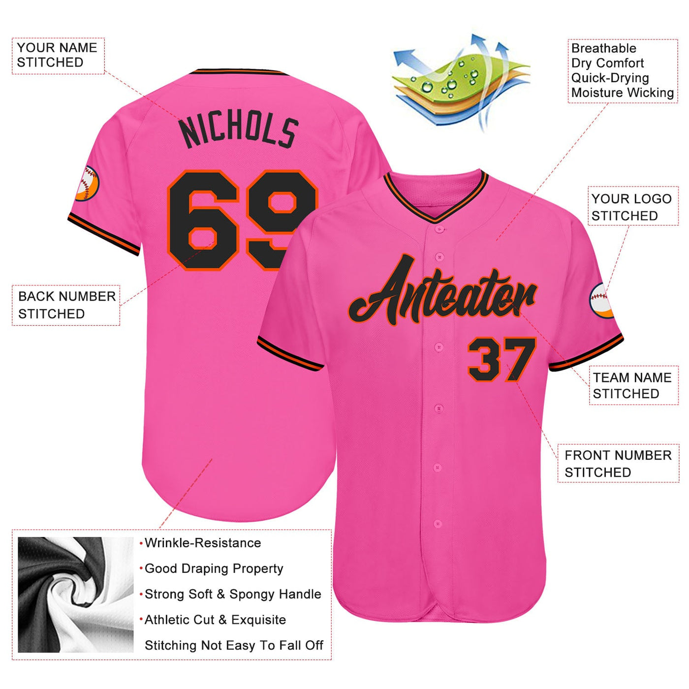 Custom Pink Black-Orange Authentic Baseball Jersey - Owls Matrix LTD