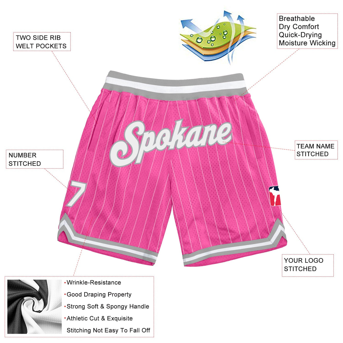 Custom Pink White Pinstripe White-Silver Gray Authentic Basketball Shorts