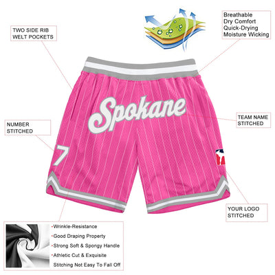 Custom Pink White Pinstripe White-Silver Gray Authentic Basketball Shorts