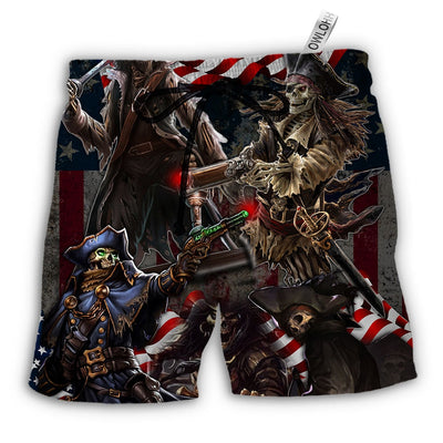 Beach Short / Adults / S Pirate Skeleton USA Flag Independence Day - Beach Short - Owls Matrix LTD