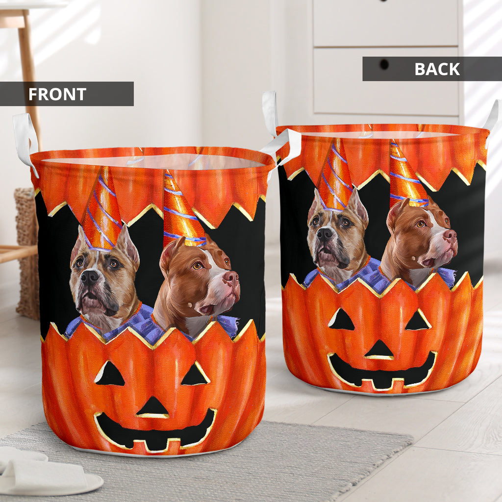 Dog Pitbull Pumpkin Painting - Laundry Basket - Owls Matrix LTD